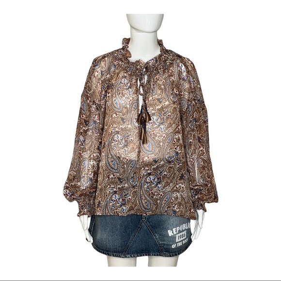 Zara Women Size M Blouse V Neck Long Sleeve Ruffle Sheer Top Paisley Tassel - Picture 7 of 14